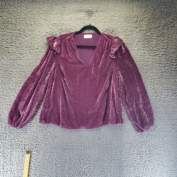 Melloday Top Womens Large Purple Crushed Velvet Ruffle Long Sleeve Blouse - Picture 1 of 9